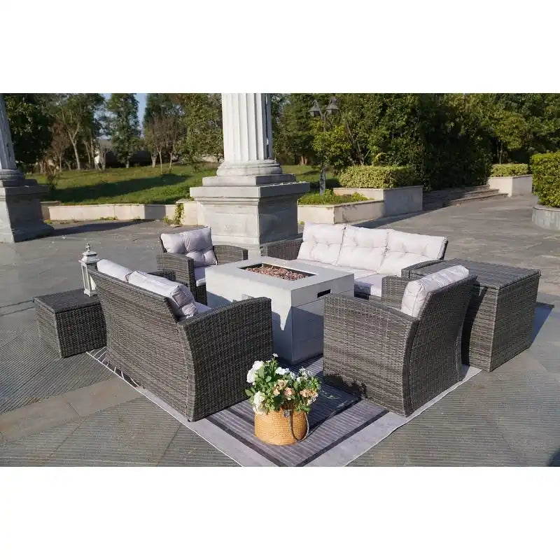 7-Piece Outdoor Wicker Conversation Sofa Set with Fire Pit