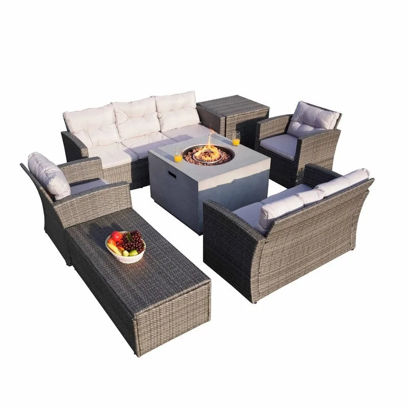 7-Piece Outdoor Wicker Conversation Sofa Set with Fire Pit