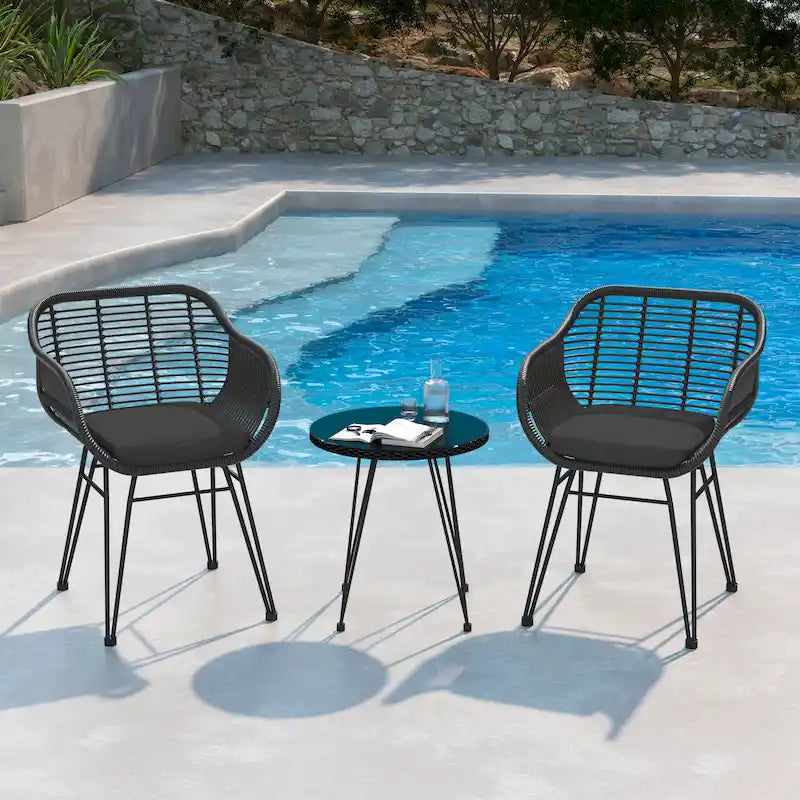 3-piece Outdoor Wicker Rattan Cushioned Bistro Set With Table