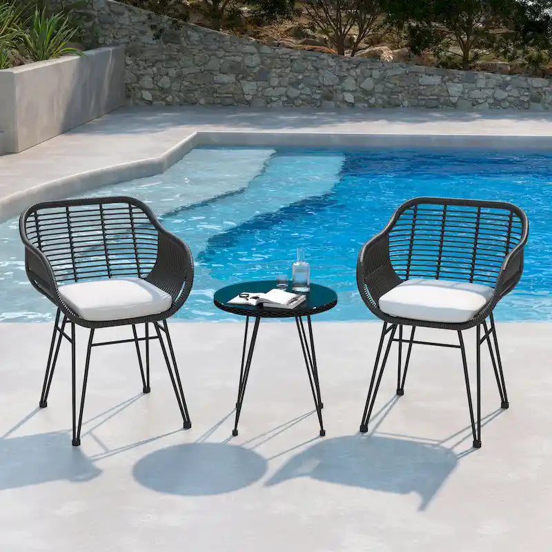 3-piece Outdoor Wicker Rattan Cushioned Bistro Set With Table