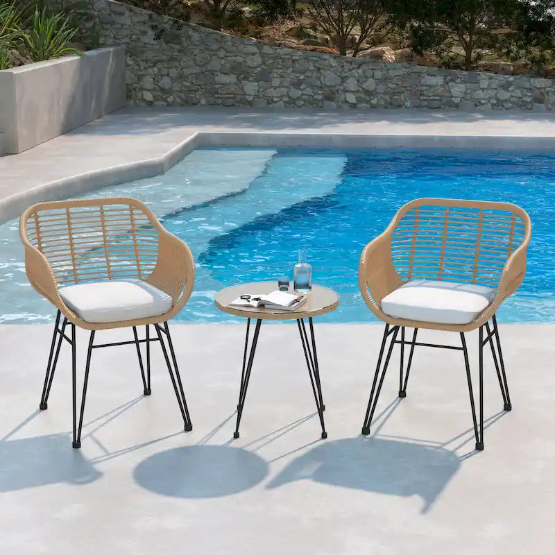 3-piece Outdoor Wicker Rattan Cushioned Bistro Set With Table