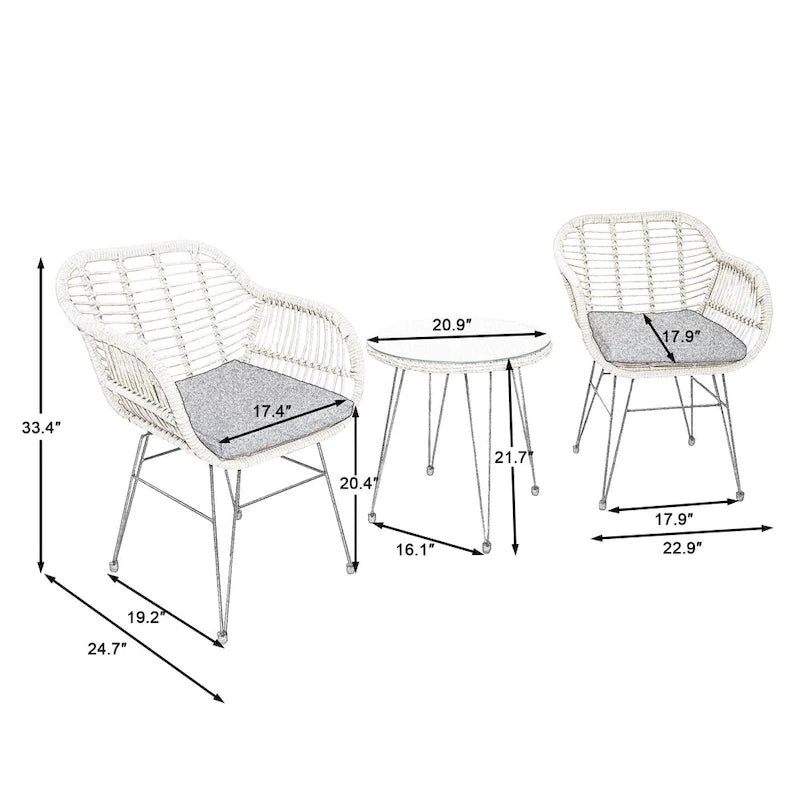 3-piece Outdoor Wicker Rattan Cushioned Bistro Set With Table