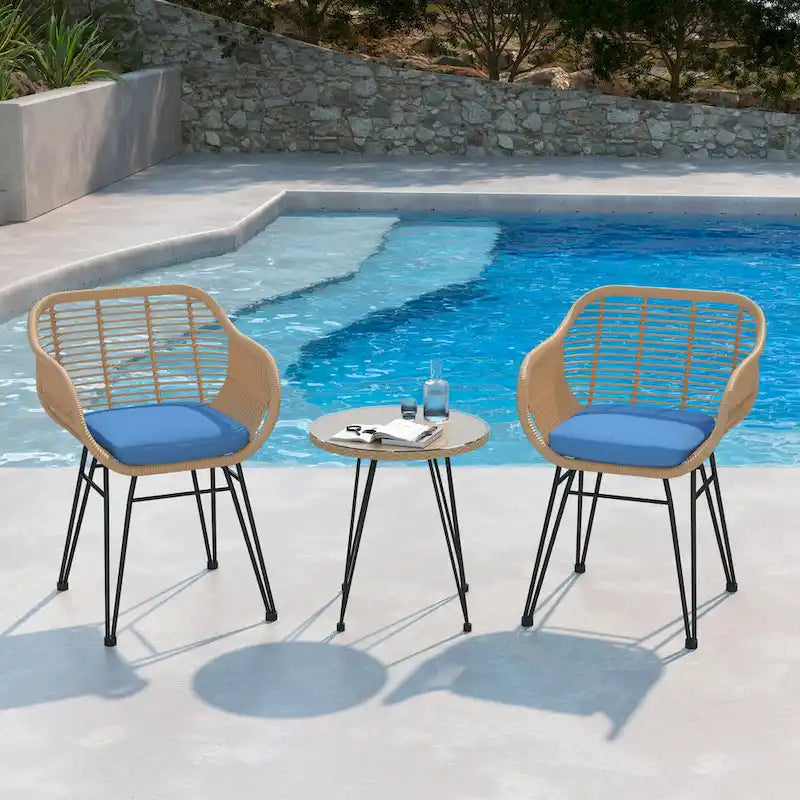 3-piece Outdoor Wicker Rattan Cushioned Bistro Set With Table