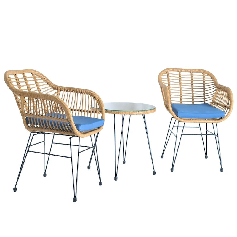 3-piece Outdoor Wicker Rattan Cushioned Bistro Set With Table