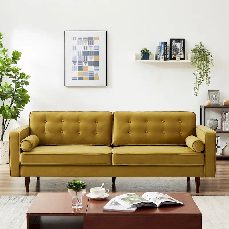 Bouclé Fabric Sofa with Tufting – Grey / Dark Yellow / Navy Blue / Orange / Teal, Mid-Century Modern, Seats 3