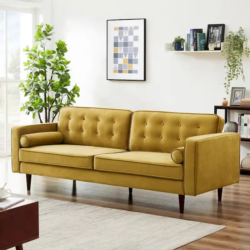 Bouclé Fabric Sofa with Tufting – Grey / Dark Yellow / Navy Blue / Orange / Teal, Mid-Century Modern, Seats 3
