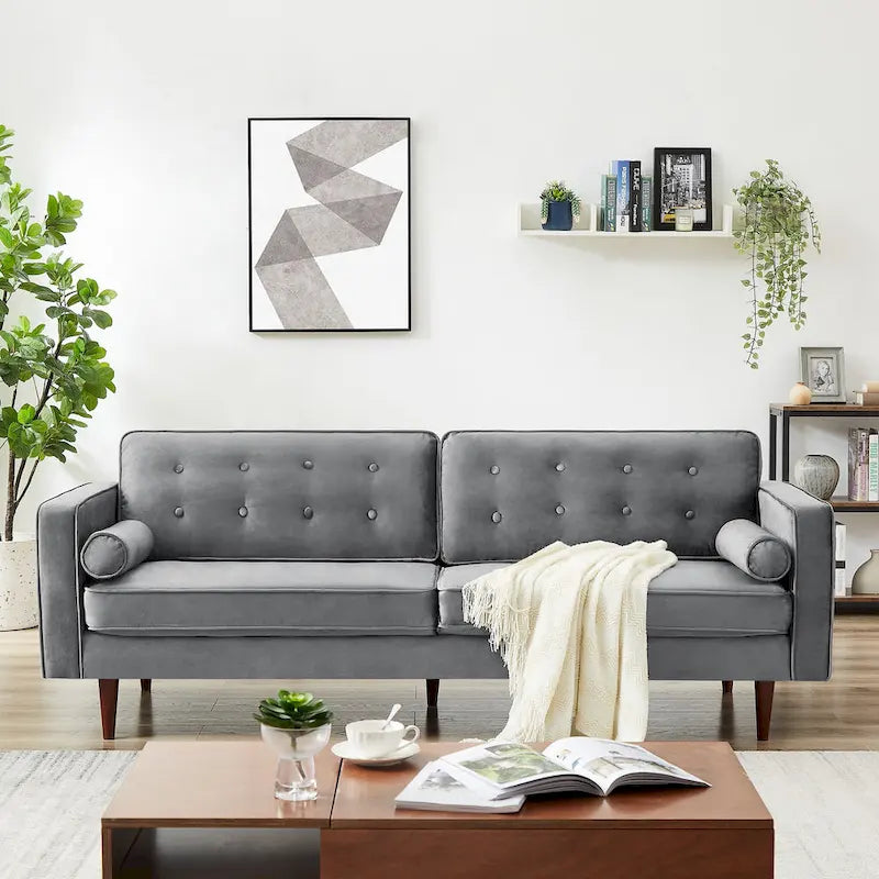 Bouclé Fabric Sofa with Tufting – Grey / Dark Yellow / Navy Blue / Orange / Teal, Mid-Century Modern, Seats 3