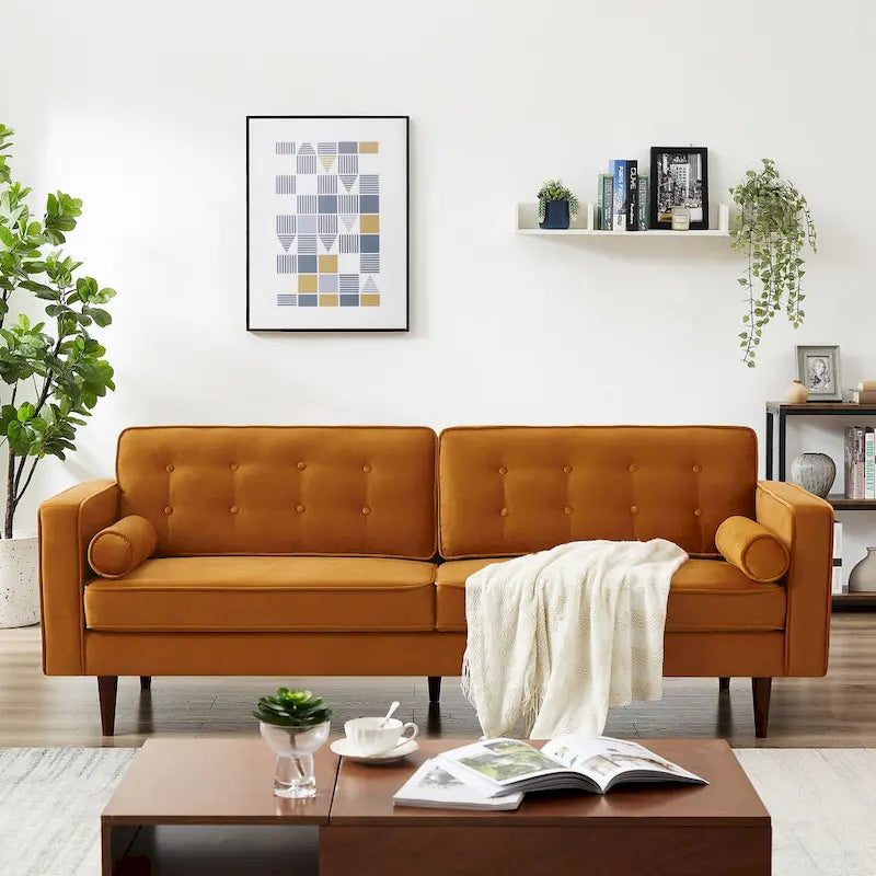 Bouclé Fabric Sofa with Tufting – Grey / Dark Yellow / Navy Blue / Orange / Teal, Mid-Century Modern, Seats 3