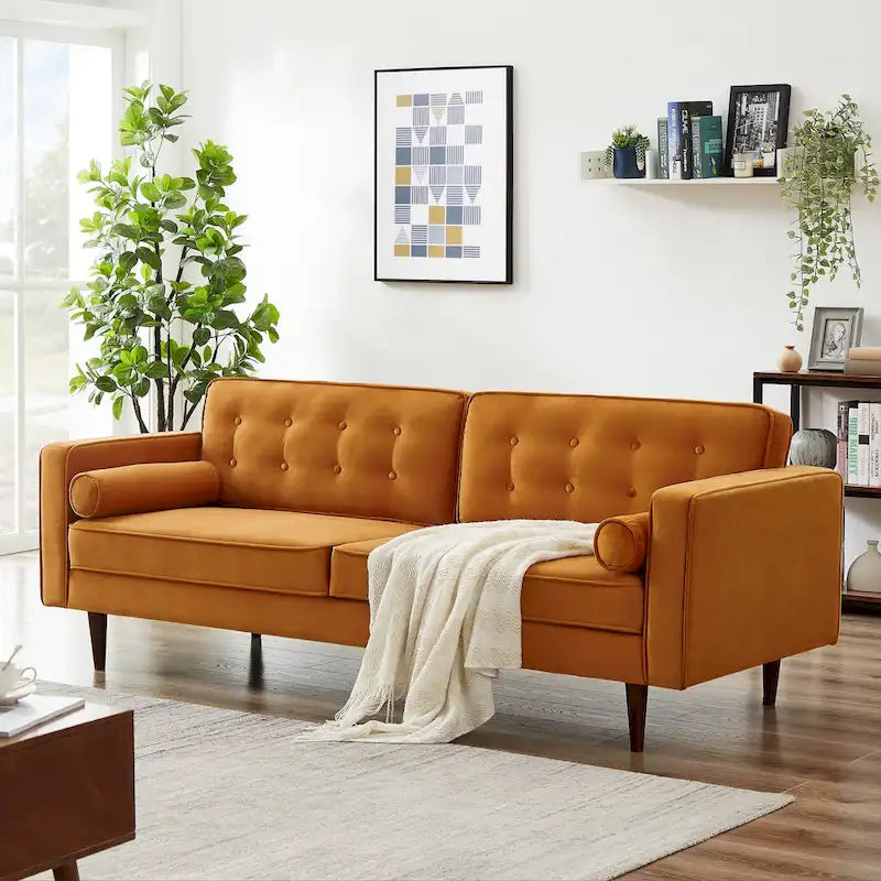 Bouclé Fabric Sofa with Tufting – Grey / Dark Yellow / Navy Blue / Orange / Teal, Mid-Century Modern, Seats 3