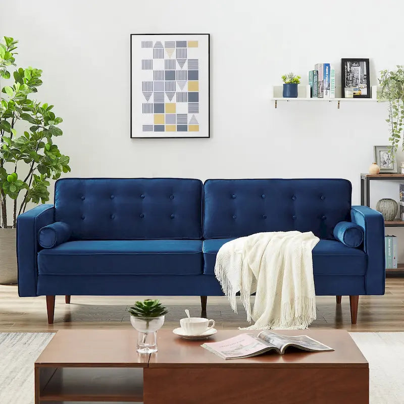 Bouclé Fabric Sofa with Tufting – Grey / Dark Yellow / Navy Blue / Orange / Teal, Mid-Century Modern, Seats 3