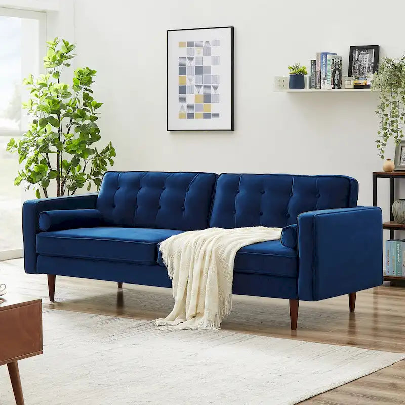 Bouclé Fabric Sofa with Tufting – Grey / Dark Yellow / Navy Blue / Orange / Teal, Mid-Century Modern, Seats 3