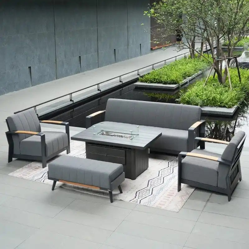 5-Piece Patio Acrylic Sponge Chat Set with Fire Pit Table and Bench