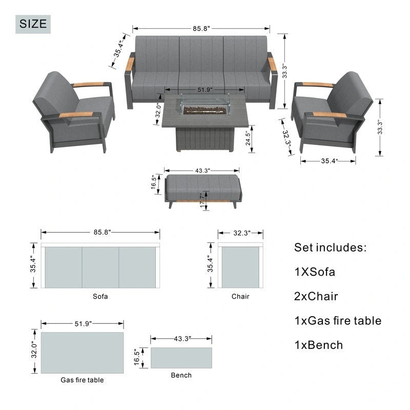 5-Piece Patio Acrylic Sponge Chat Set with Fire Pit Table and Bench