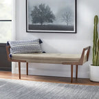 Upholstered Mid-Century Bench with Button Tufting – Taupe / Charcoal Grey / Brown Faux Leather, Walnut Legs