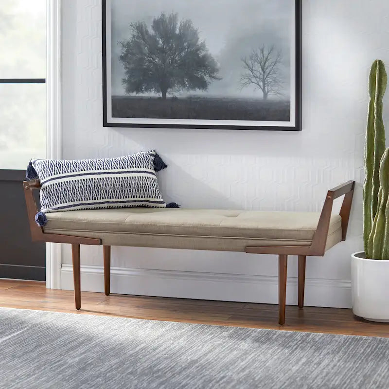 Upholstered Mid-Century Bench with Button Tufting – Taupe / Charcoal Grey / Brown Faux Leather, Walnut Legs