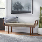 Upholstered Mid-Century Bench with Button Tufting – Taupe / Charcoal Grey / Brown Faux Leather, Walnut Legs