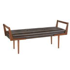 Upholstered Mid-Century Bench with Button Tufting – Taupe / Charcoal Grey / Brown Faux Leather, Walnut Legs