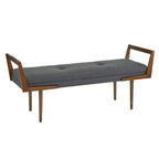 Upholstered Mid-Century Bench with Button Tufting – Taupe / Charcoal Grey / Brown Faux Leather, Walnut Legs