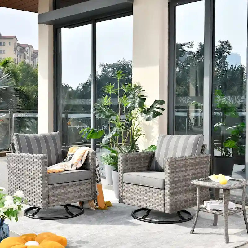OVIOS Patio Wicker Swivel Rocking Chair 3-piece Set with Side Table