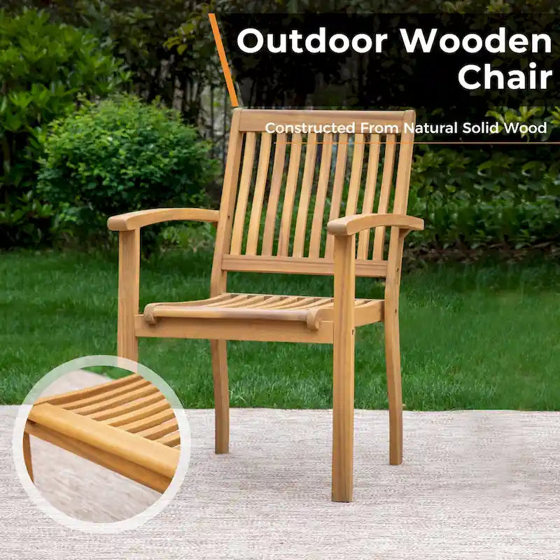MAISON ARTS 2-Piece Patio Natural Solid Acacia Wood Dining Chairs, Patio Oil Finished Wooden Armchairs Set of 2
