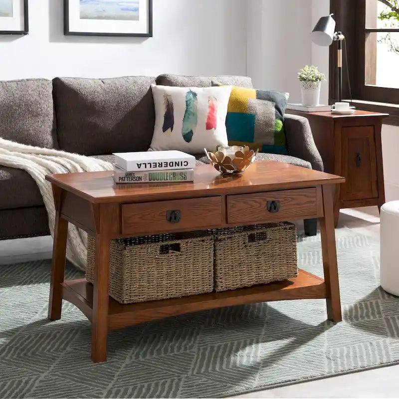 Solid Wood Mission Coffee Table with 2 Drawers – Russet Brown / Slate Brown, Craftsman Style