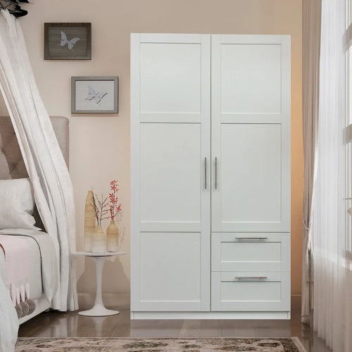 2-Door Wardrobe Armoire with Drawers & Hanging Rod – White / Walnut / Oak, Classic Style