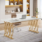 Large Conference Desk – White & Gold, Faux Marble Top, Seats 4–6