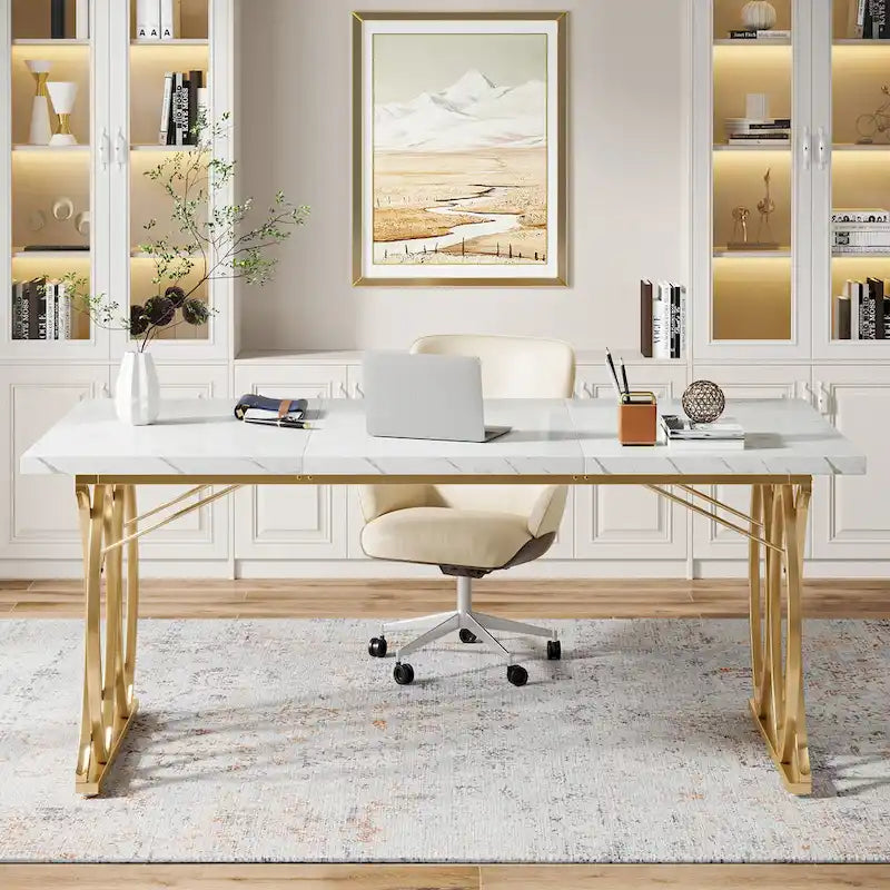 Large Conference Desk – White & Gold, Faux Marble Top, Seats 4–6