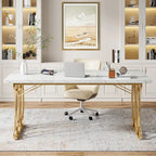 Large Conference Desk – White & Gold, Faux Marble Top, Seats 4–6