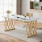 Large Conference Desk – White & Gold, Faux Marble Top, Seats 4–6