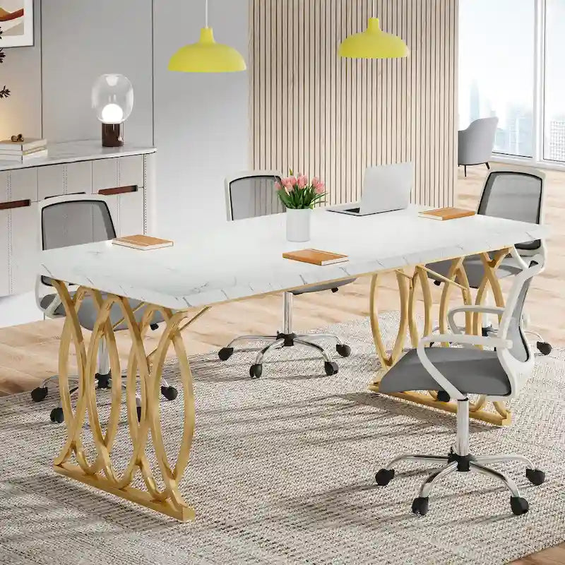 Large Conference Desk – White & Gold, Faux Marble Top, Seats 4–6