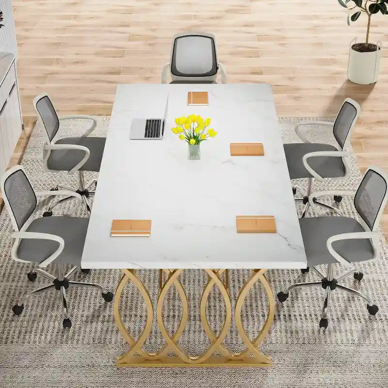 Large Conference Desk – White & Gold, Faux Marble Top, Seats 4–6