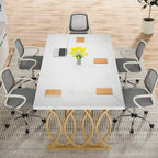Large Conference Desk – White & Gold, Faux Marble Top, Seats 4–6