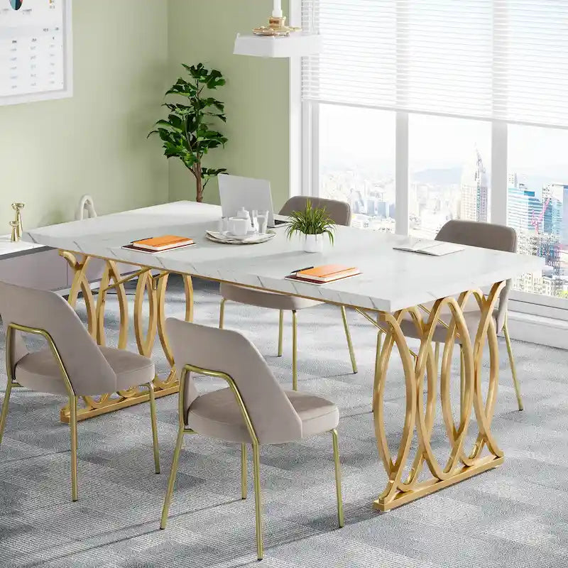 Large Conference Desk – White & Gold, Faux Marble Top, Seats 4–6