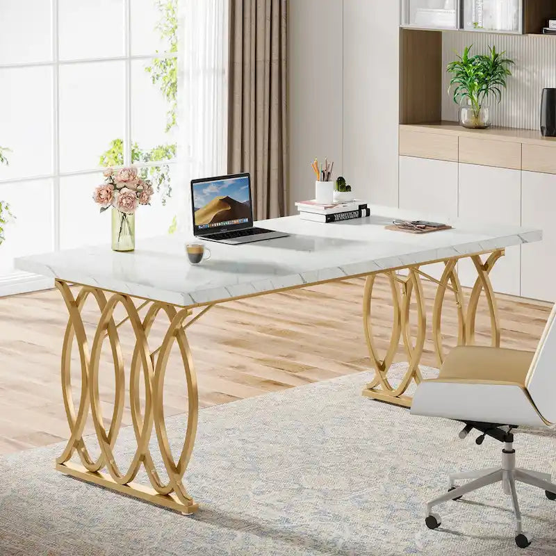 Large Conference Desk – White & Gold, Faux Marble Top, Seats 4–6