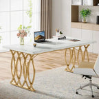 Large Conference Desk – White & Gold, Faux Marble Top, Seats 4–6