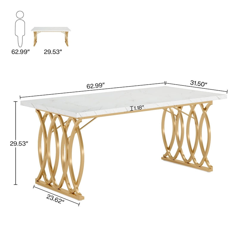 Large Conference Desk – White & Gold, Faux Marble Top, Seats 4–6