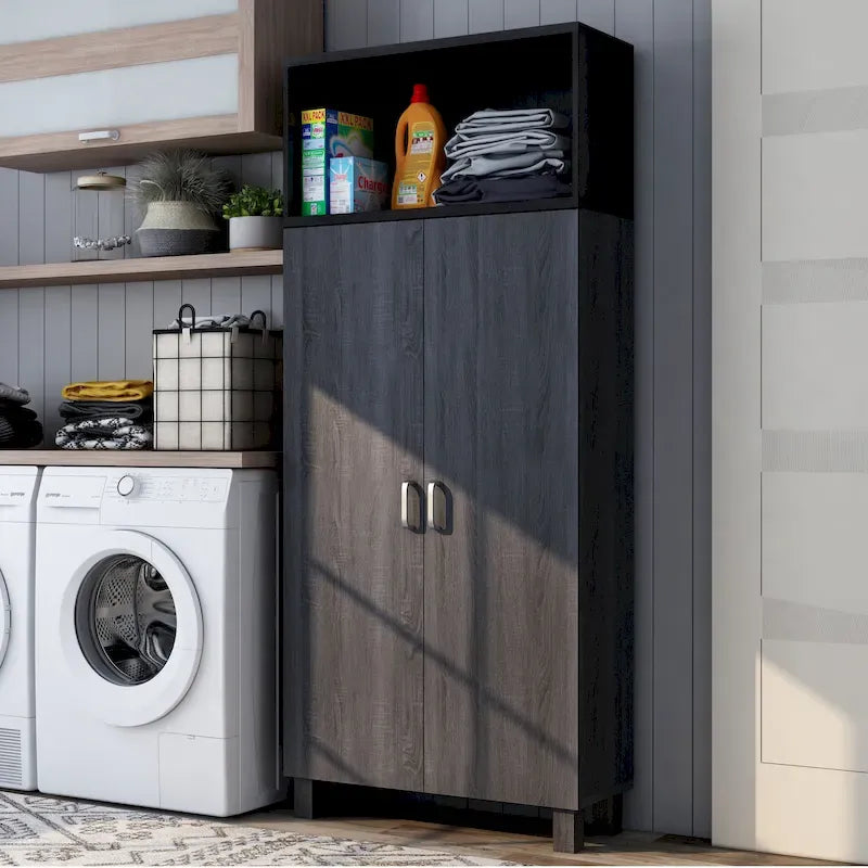 Double-Door Wood Armoire with 4 Shelves – Charcoal Grey / White Oak, Contemporary Style