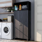 Double-Door Wood Armoire with 4 Shelves – Charcoal Grey / White Oak, Contemporary Style