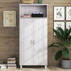 Double-Door Wood Armoire with 4 Shelves – Charcoal Grey / White Oak, Contemporary Style