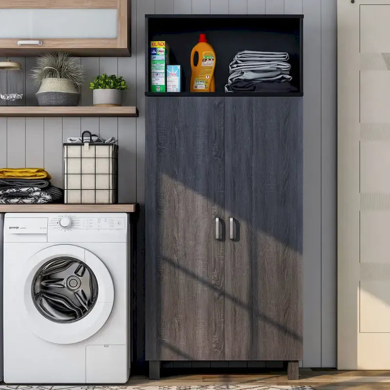 Double-Door Wood Armoire with 4 Shelves – Charcoal Grey / White Oak, Contemporary Style