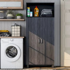 Double-Door Wood Armoire with 4 Shelves – Charcoal Grey / White Oak, Contemporary Style