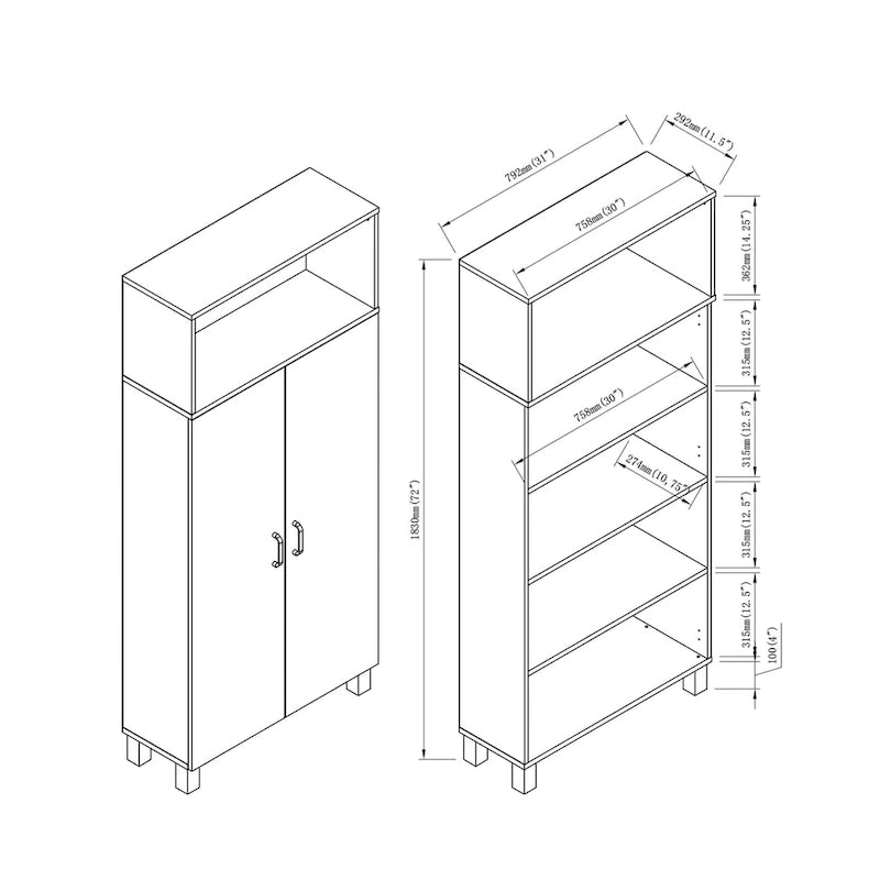 Double-Door Wood Armoire with 4 Shelves – Charcoal Grey / White Oak, Contemporary Style