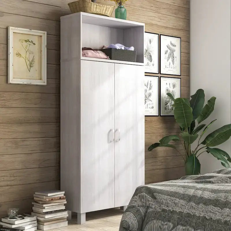 Double-Door Wood Armoire with 4 Shelves – Charcoal Grey / White Oak, Contemporary Style