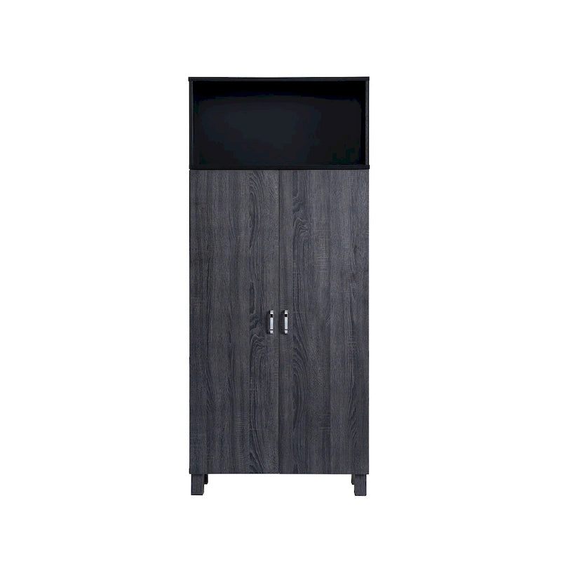 Double-Door Wood Armoire with 4 Shelves – Charcoal Grey / White Oak, Contemporary Style