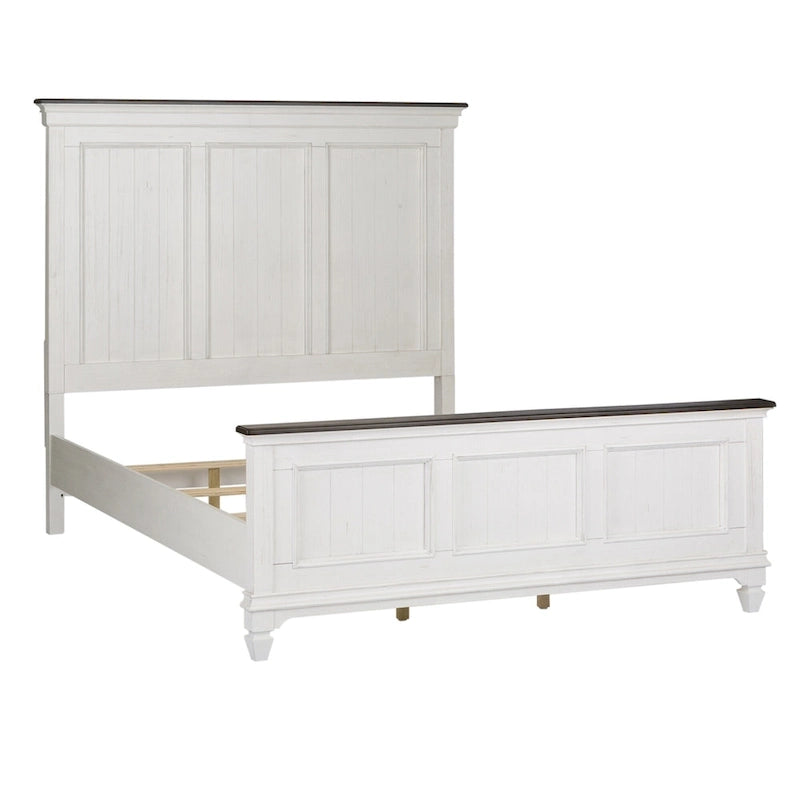 Queen Panel Bed with Beadboard Headboard – White & Charcoal, Cottage Style, Single