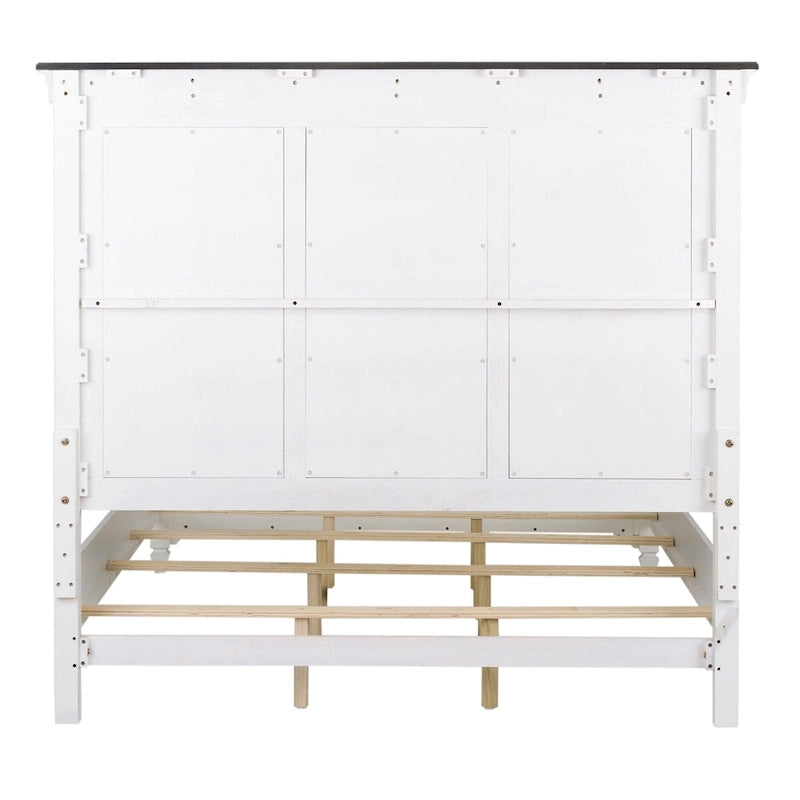 Queen Panel Bed with Beadboard Headboard – White & Charcoal, Cottage Style, Single