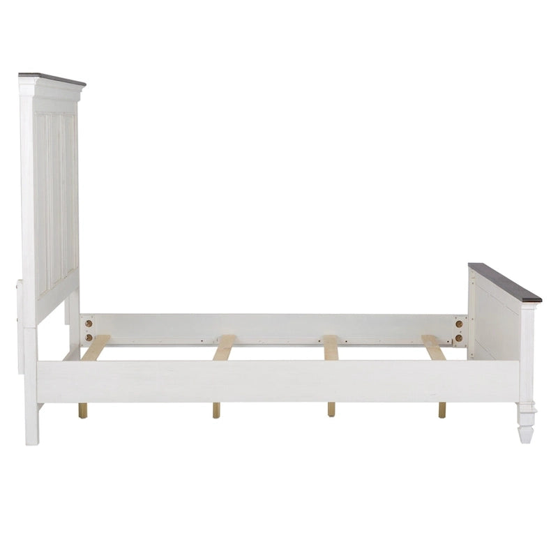 Queen Panel Bed with Beadboard Headboard – White & Charcoal, Cottage Style, Single