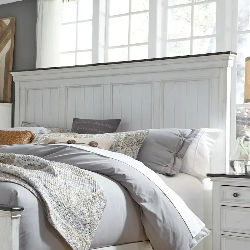 Queen Panel Bed with Beadboard Headboard – White & Charcoal, Cottage Style, Single