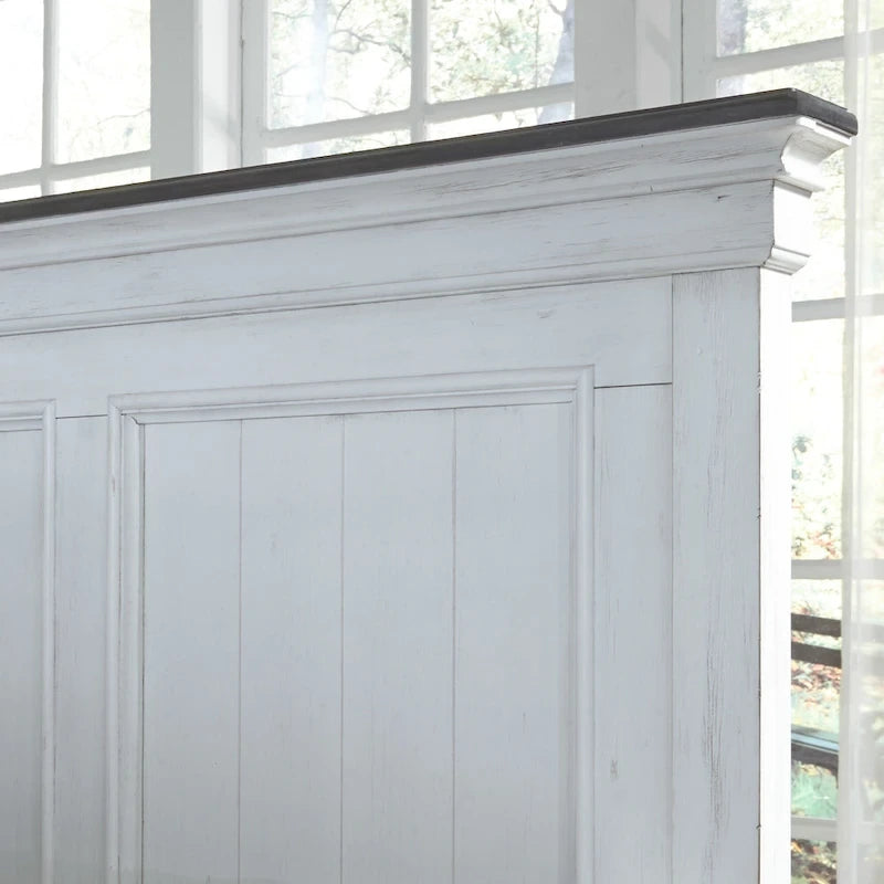 Queen Panel Bed with Beadboard Headboard – White & Charcoal, Cottage Style, Single